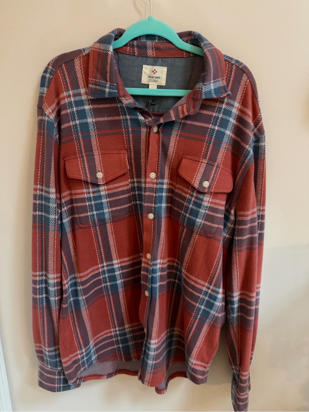 True Grit Red and Blue Plaid Casual Button-Down Shirt